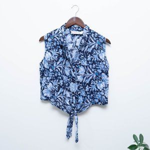 Size L, Navy Floral Sleeveless Blouse, Tie Front